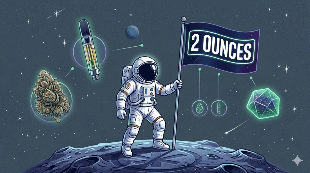 astronaut on the mood holding flag that says ‘2 ounces’
