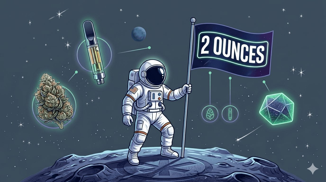 astronaut on the mood holding flag that says ‘2 ounces’